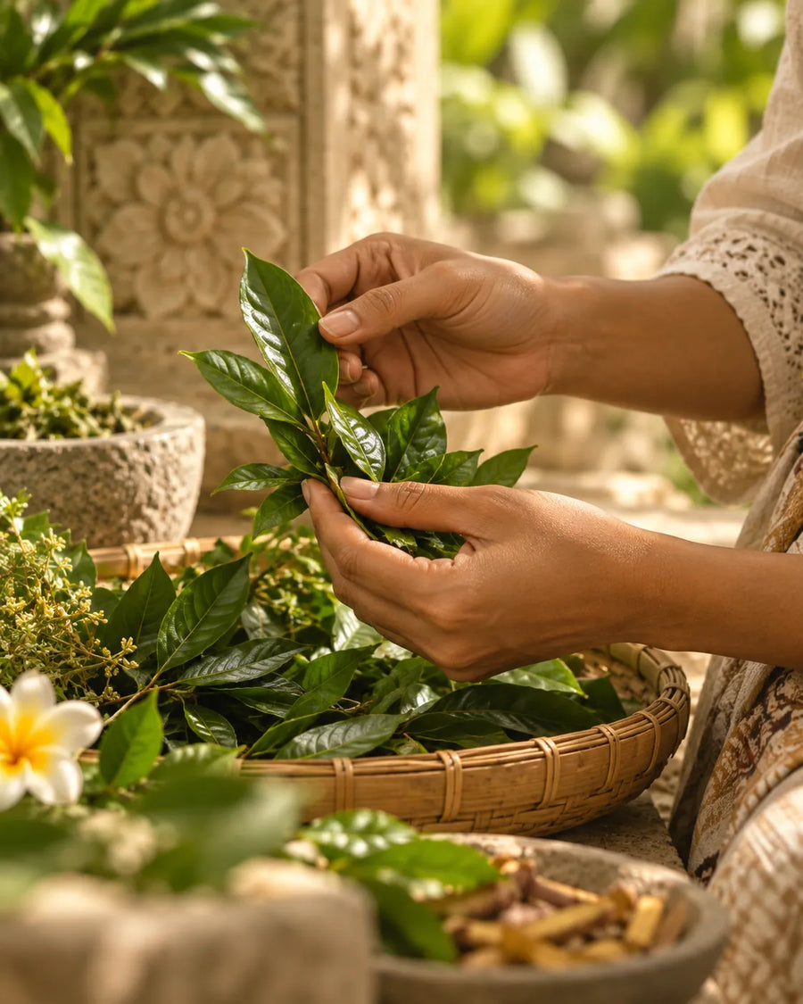 植物素材を人の手で丁寧に扱う画像